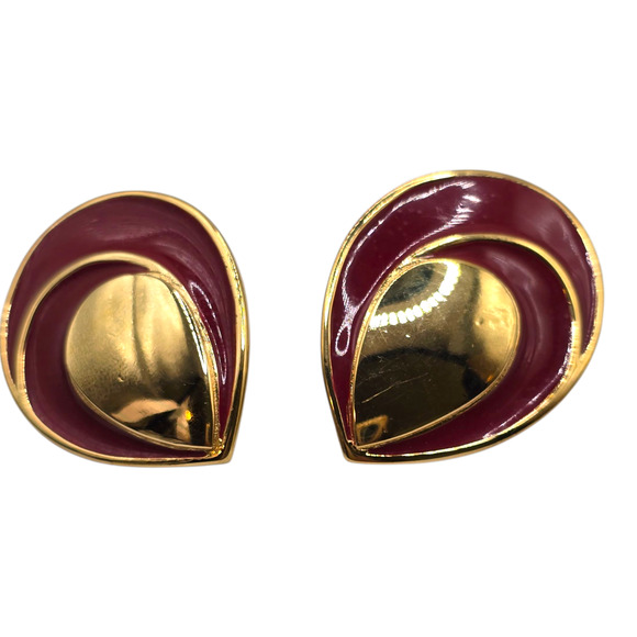 Vintage Monet Clip-On Earrings Gold Tone Red Enamel Teardrop Swirl Statement - Picture 1 of 6